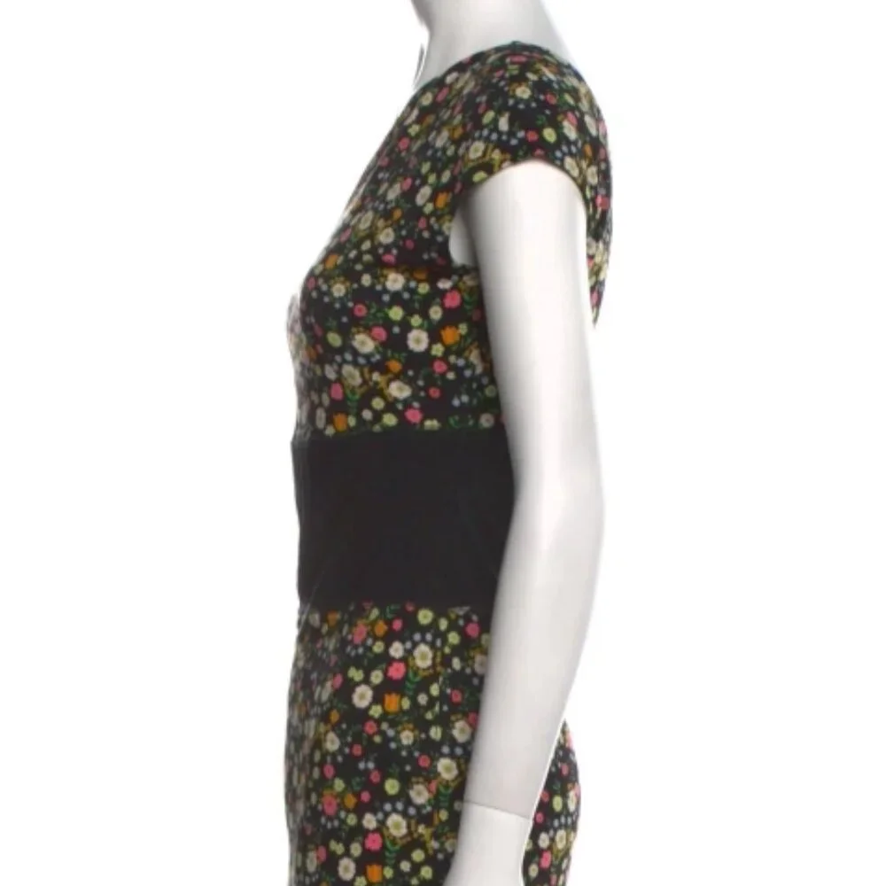 Tory Burch Sheath Dress Black Floral Short Sleeve with V-Neck S (Orig. $456)